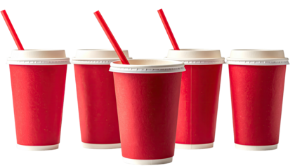 Four red disposable paper cups, each with a red straw