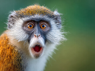 Obraz premium Surprised monkey with expressive eyes and open mouth captured in vivid detail against a natural blurred green background