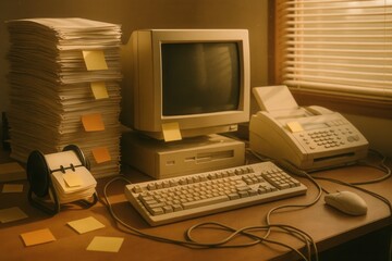 Authentic 1990s office workstation cluttered with dot matrix printouts beige CRT monitors and floppy disks corporate environment in afternoon sun