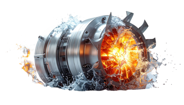Metallic engine, exploding in flames and water