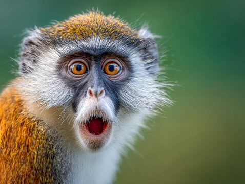 Surprised monkey with expressive eyes and open mouth captured in vivid detail against a natural blurred green background