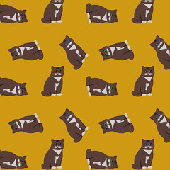 Seamless pattern with chocolate brown funny cat