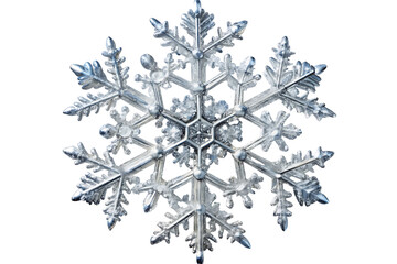 Detailed silver snowflake ornament with intricate crystalline structure cutout png isolated on a transparent background