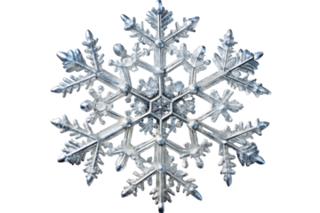 Detailed silver snowflake ornament with intricate crystalline structure cutout png isolated on a transparent background