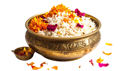 Golden bowl of spiced rice, garnished with flowers
