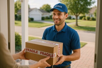 Trusted delivery service smiling courier handling carefully sealed parcel with tracking labels touch free doorstep handoff and logistics confidence