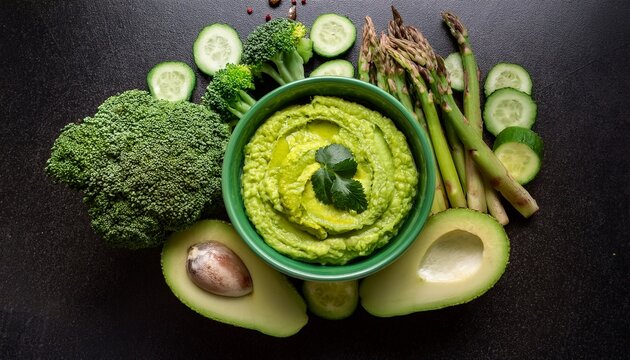 A Vibrant Green Bowl Of Pea Hummus Surrounded By Fresh Vegetables Like Avocado Cucumber And Broccoli On A Dark Countertop