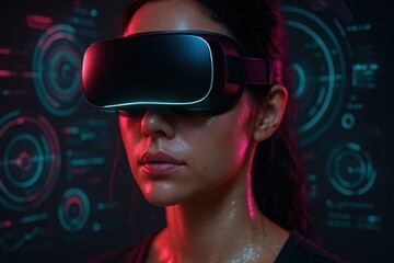 Young woman immersed in virtual reality wearing sleek VR headset neon cyberpunk lighting and UI holograms for futuristic user experience tech