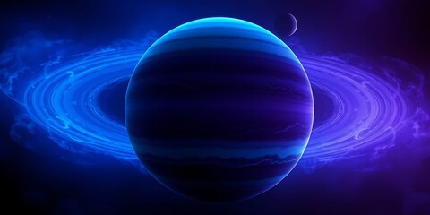 A blue gas planet with glowing rings and a moon, surrounded by a dark cosmic nebula.