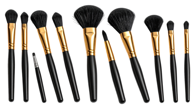 Makeup brushes, various types, black handles, gold ferrules