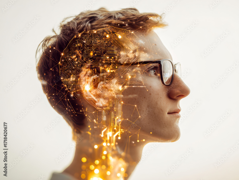 Poster young man wearing glasses with a digital network overlay symbolizing advanced technology and innovat
