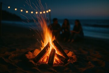 Cozy beach bonfire at twilight friends in soft bokeh warm sparks and embers drifting under a deep blue sky nostalgic summer weekend