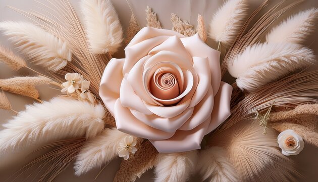 Delicate Artificial Rose In Soft Cream And Blush Pink Tones Surrounded By Beige Pampas Grass And Other Fabric Flowers And Decor Pastel Arrangement Resembling Natural Feminine Curves And Textures - Powered by Adobe