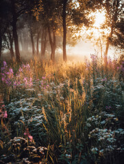 Obraz premium Serene wildflower meadow at sunrise with warm golden light and misty trees in the background