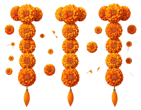 Three vertical arrangements of vibrant orange flowers,  seemingly marigold,  