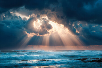 Dramatic sunrise with golden rays piercing through dark clouds over turbulent ocean waves creating a powerful and serene coastal atmosphere