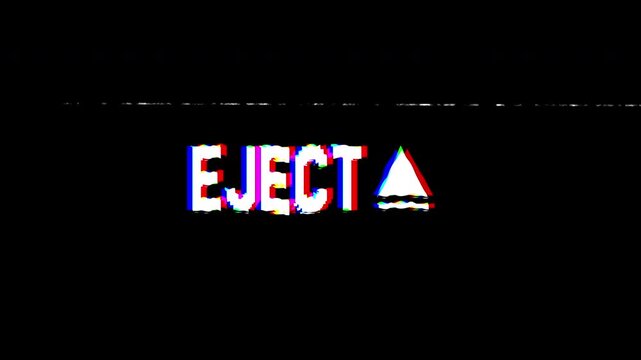 Eject button VHS video tape overlay glitch effects and scratch. 4k animation.