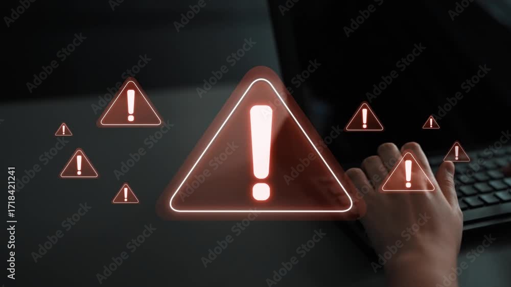 Poster cybersecurity alert warning showing red cyber for data breach, network threat, and cyber security sy