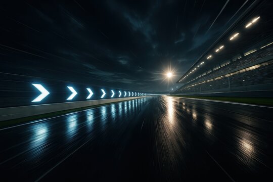 Futuristic night motorsport circuit with rain slick asphalt blazing light trails grandstands and a finish straight under glowing checkered banners