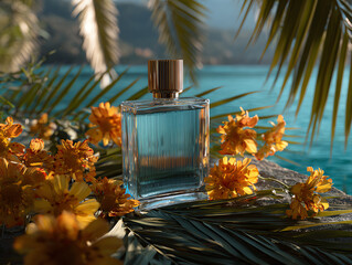 Elegant fragrance bottle surrounded by tropical flowers.