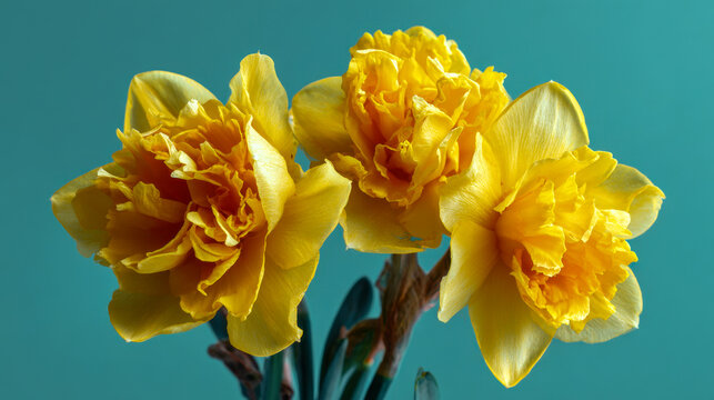 Three vibrant yellow double daffodil blooms with intricate layered petals against a soft teal background showcasing spring floral beauty