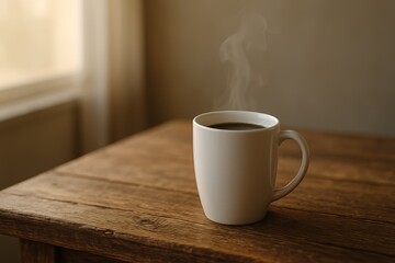 Obraz premium Steaming cup of coffee on rustic wooden table panoramic banner with soft morning window light minimal props and generous negative space for copy