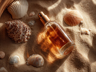 A fragrant glass bottle surrounded by seashells on sandy beach.