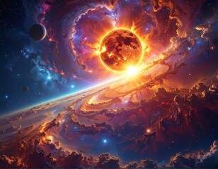 Obraz premium Fiery cosmic landscape with planets and nebulae