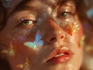 A serene portrait capturing ethereal beauty and butterfly motifs.