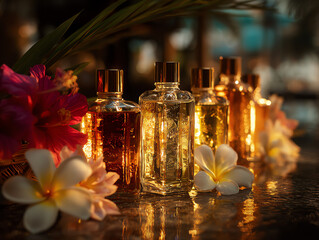 Elegant perfume bottles illuminated by soft light and flowers.