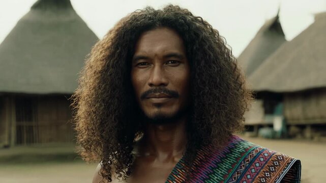 Tribal man with long curly hair posing in an indigenous village
