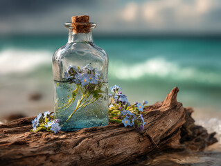 A glass bottle with flowers rests on driftwood by the ocean shore.