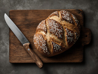 Freshly baked bread on a rustic wooden cutting board.