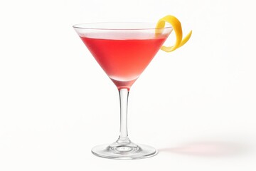 Vivid cosmopolitan cocktail in clear martini glass with citrus twist and sparkling highlights isolated on pure white for menu and advertising