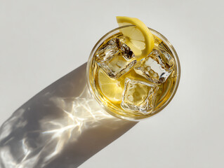 Refreshing drink with ice cubes and a lemon twist on white surface.