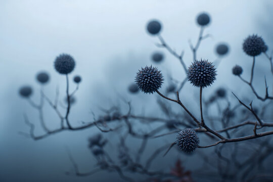Frost-covered branches with spherical seedheads in a moody, winter landscape