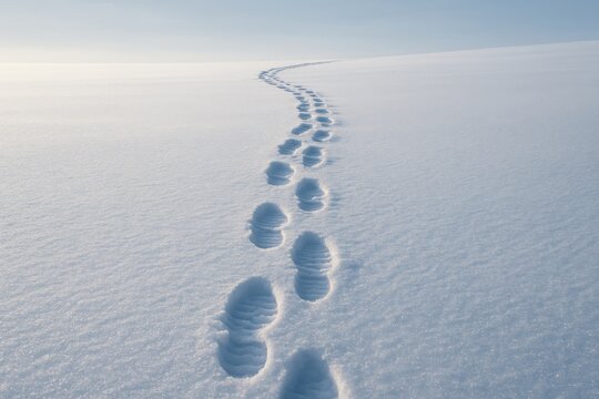 Winding trail of deep snow boot prints across pristine winter field minimal quiet landscape with crisp morning light and long shadows