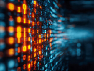 Close-up of glowing binary code represented in blue and orange lights on a digital screen conveying futuristic technology and data processing concepts