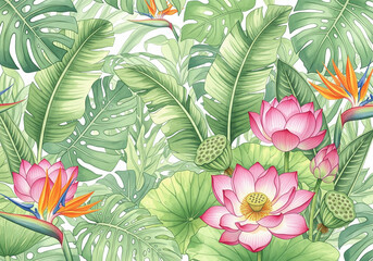 Obraz premium Watercolor Tropical Floral Pattern Monstera, Banana Leaves, Lotus Flowers, Bird of Paradise, Nature, Botanical Background