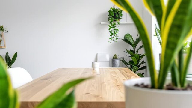 Minimalist Interior with Wooden Table and Green Potted Plants Against White Wall Background with Natural Light and Hanging Vines and Clean Design Optimized for Adobe Stock Photo