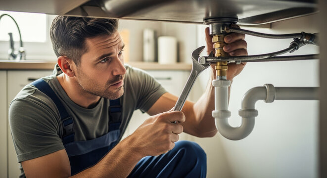 Skilled plumber repairs leaky pipes, ensuring problem is handled efficiently. Professional plumber is working under sink using wrench, and taking care of plumbing issues at home.