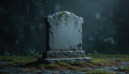 Weathered stone gravestone on a cemetery plot. Blank memorial stone stands in grass. Funeral service remembrance for departed souls. Somber atmosphere for mourning, loss, grief.
