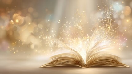 Open book with magical glowing dust and sparkling light effects creating a fantasy ambiance.