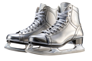 Pair of Shiny Silver Ice Skates with cutout png White Laces and Clear Blades isolated on a transparent background