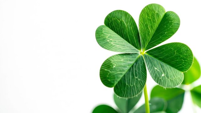 Vibrant Green Four Leaf Clover on White Background Detailed Focus Close Up Luck Charm Symbol Minimalist Composition