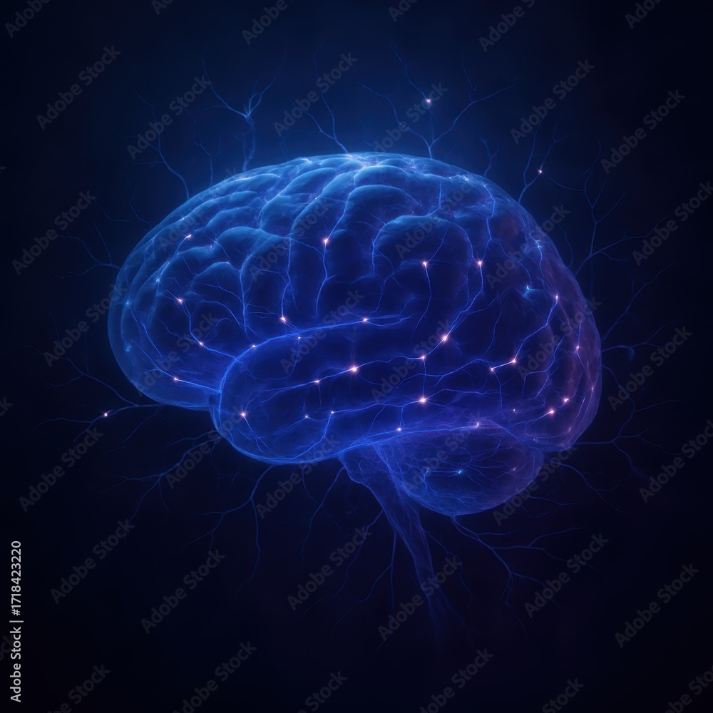 Poster holographic brain with luminous neural pathways and synaptic sparks in a dark lab futuristic neurosc