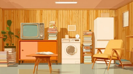 Cozy vintage wooden room with television books laundry washing machine and armchair decor.