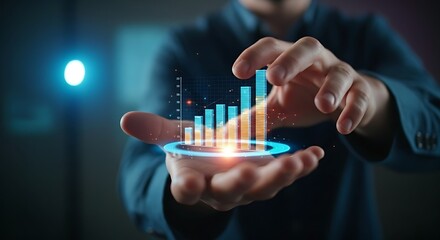 Interactive 3D data report. A hand rotates a three-dimensional holographic bar chart to analyze business data from different perspectives.