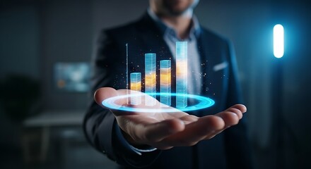 Interactive 3D data report. A hand rotates a three-dimensional holographic bar chart to analyze business data from different perspectives.