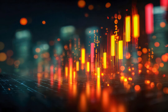 Digital financial chart glowing with vibrant orange and red data bars reflecting on a dark futuristic grid background symbolizing market trends and technology